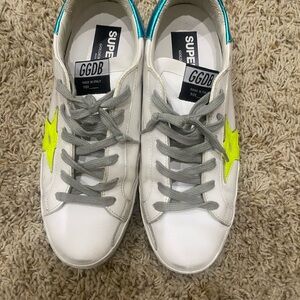 Golden Goose Superstar White Sneakers with Neon Star and Gray Laces